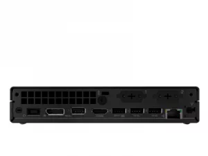 Rückansicht des Lenovo ThinkCentre M70q Gen 6 Mini-PCs mit HDMI, USB, Ethernet, Stromanschluss und Lüftungsgittern.