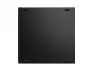 Lenovo ThinkCentre M70q Gen 6 Mini-PC in Schwarz, rechteckig, mit abgerundeten Ecken und vier kleinen Standfüßen seitlich zu sehen.