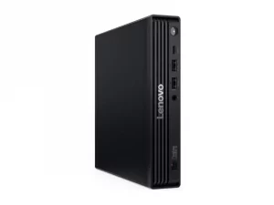 Lenovo ThinkCentre M70q Gen 6 Mini-PC in Schwarz, stehend, mit Frontpanel, USB-Anschlüssen und Logo, incl. Office 2024.