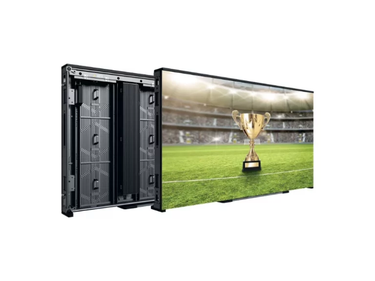 Hisense SP066FE LED-Bandenmodul 6,67 mm: Vorderseite mit Stadion, Pokal und Spielfeld, Rückseite zeigt Technikkomponenten.