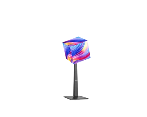 Dell Computer-Monitor vor weißem Hintergrund, Display zeigt farbenfrohes abstraktes Muster mit wirbelnden Formen.