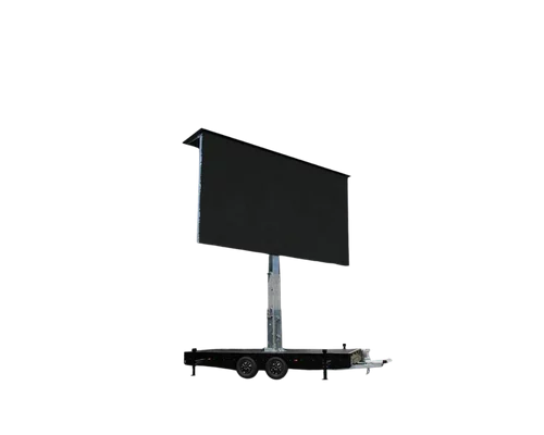 Mobiler LED Bildschirm auf Anhänger mit Metallrahmen, ideal für Outdoor-Events und flexible Werbung; rechteckig und schwarz.