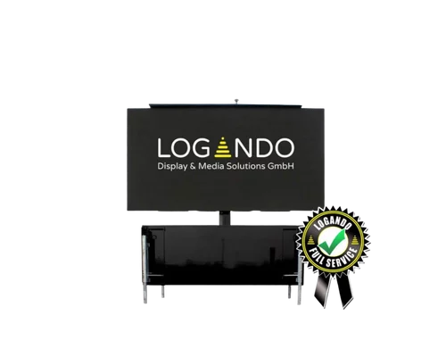 LOGANDO Display zeigt Logo und Schriftzug "Display & Media Solutions GmbH", unten rechts Siegel "Logando Full Service".