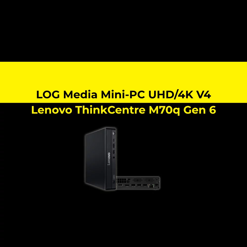 Lenovo ThinkCentre M70q Gen 6 Mini-PC in Schwarz, frontal mit sichtbaren Anschlüssen und gelber Schrift im Bild oben.