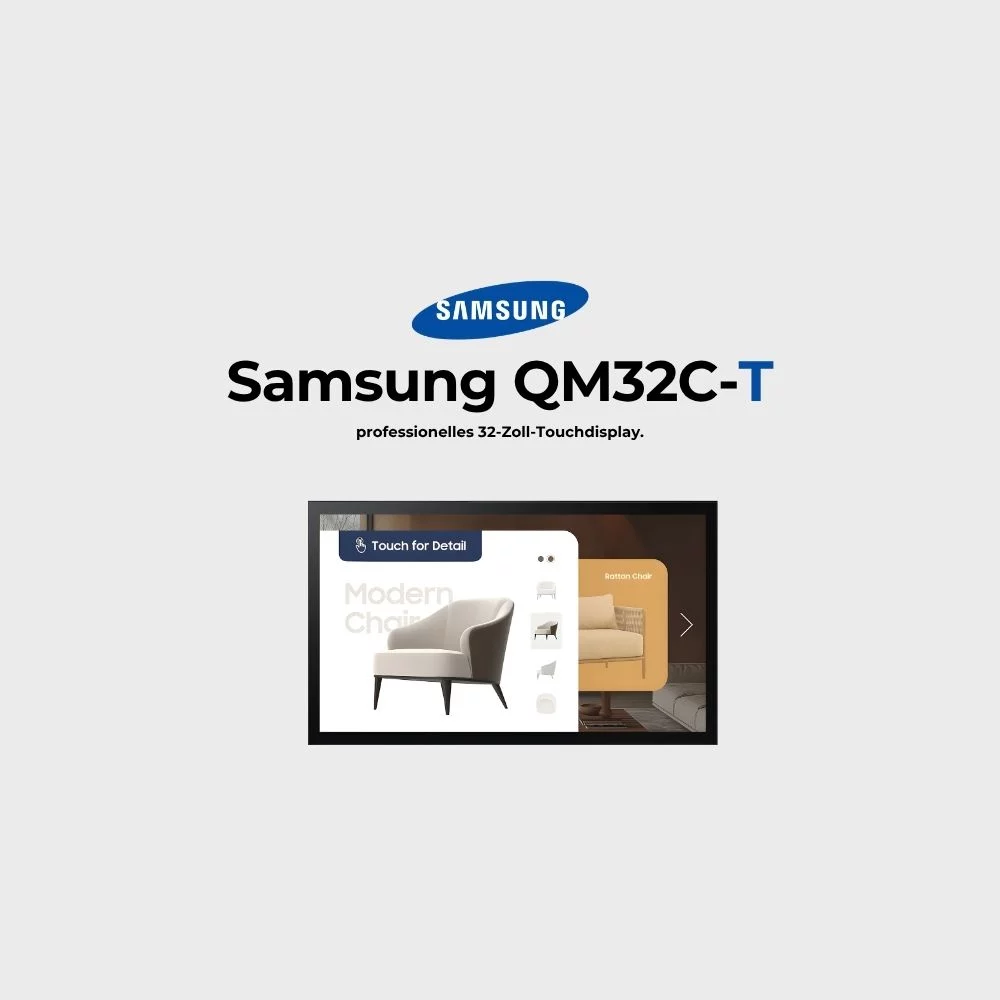 Samsung QM32C-T 32-Zoll-Touchscreen mit digitaler Produktanzeige für einen modernen Stuhl, oben ist das Samsung-Logo zu sehen.