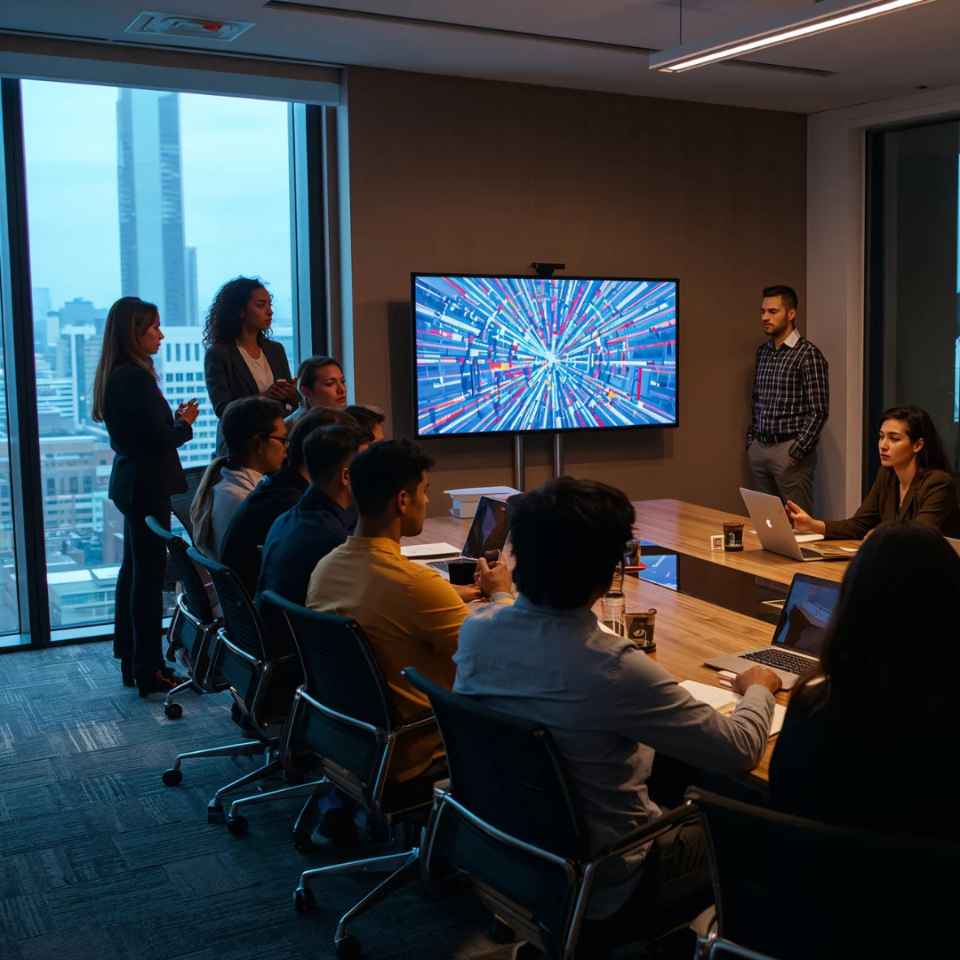 Im modernen Büro sitzen Personen am Konferenztisch und betrachten eine Präsentation mit bunter Grafik auf dem Bildschirm.