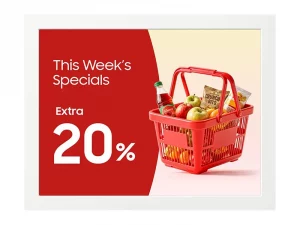 Roter Einkaufskorb mit Lebensmitteln vor rotem und gelbem Hintergrund, daneben der Text: „Angebote der Woche – 20 % Extra-Rabatt“.
