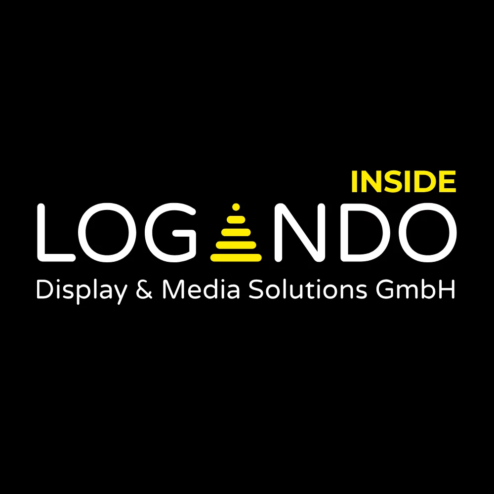 Logando Display & Media Solutions GmbH Logo: weißer Text, gelbes Dreieck als A in LOGANDO, schwarzer Hintergrund.