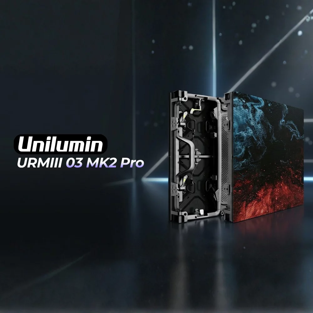 Das Bild zeigt den LED-Bildschirm Unilumin URMIII 03 MK2 Pro, teils geöffnet, mit sichtbaren Innenteilen und abstrakten Farben.