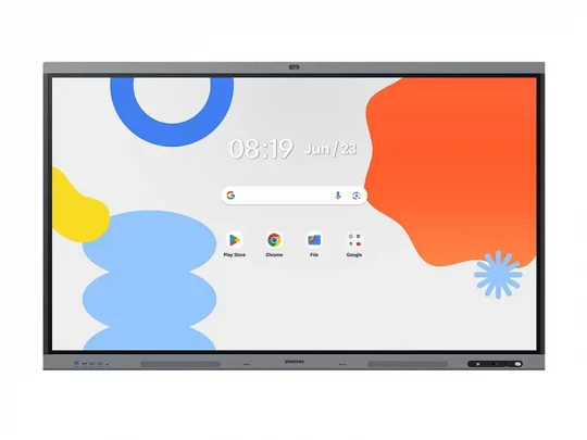 Samsung Interactive Display mit buntem Hintergrundbild und Benutzeroberfläche, auf der Symbole für Chrome, den Play Store, Dateien und Google zu sehen sind.
