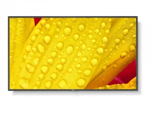 Der Samsung QLED-Flachbildfernseher zeigt auf dem Bildschirm eine Nahaufnahme eines gelben Blütenblatts mit Wassertropfen; im Hintergrund sind rötliche Farbtöne zu sehen. Perfekt für eine detailreiche Bildwiedergabe.