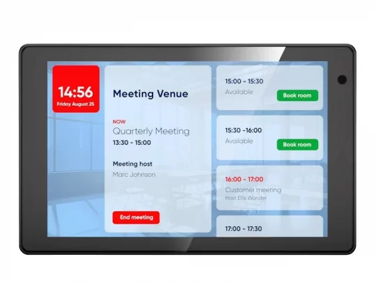 Das MeetRoom Digital Display zeigt Uhrzeit, Datum, aktuelle Besprechungsinformationen und den Namen des Gastgebers an. Auf dem Touchscreen sind außerdem Optionen sichtbar, um freie Termine zu buchen oder die laufende Besprechung zu beenden.