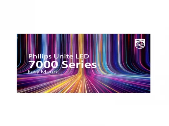 Philips Unite LED 7000 Serie Easy Mount Schild mit geschwungenen, leuchtenden Linien in Blau, Lila, Pink und Gelb; das Philips-Logo befindet sich oben rechts.