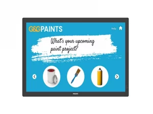 Das Produktbild zeigt den Schriftzug „G&G PAINTS“ auf einem digitalen Bildschirm vor blauem Hintergrund. Darunter steht die Frage „What’s your upcoming paint project?“ Neben dem Text sind Symbole für eine Farbdose, einen Pinsel und eine Sprühdose abgebildet. Ideal zur Präsentation von Farben und Malerzubehör.