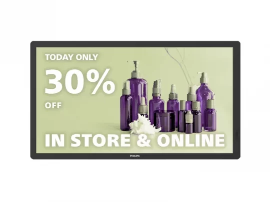 Eine digitale Anzeige mit violetten Flaschen einer Kosmetikserie – vermutlich Shampoo oder Lotion – wirbt für einen Rabatt von 30 %, der nur heute im Geschäft und online gilt. Der Hintergrund ist hellgrün.