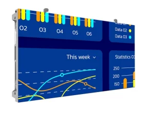 Das Produktbild zeigt einen digitalen Bildschirm, auf dem farbenfrohe Datenvisualisierungen wie Balkendiagramme und Liniendiagramme zu sehen sind. Beschriftungen wie „This week“, „Statistics“ und „Data 01-03“ heben die aktuellen Auswertungen hervor. Der Hintergrund ist blau gehalten. Ideal für übersichtliche Datenanalysen und Präsentationen – perfekt geeignet zum Beispiel für Business-Dashboard-Software.