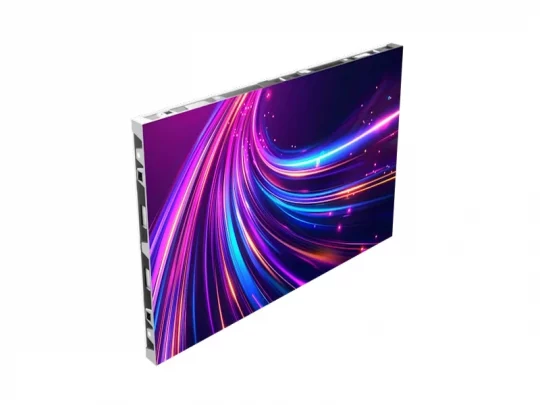 LED-Bildschirm: Dünnes, rechteckiges LED-Display mit leuchtenden, wirbelnden Neonlichtern in Lila-, Blau- und Rosatönen auf dunklem Hintergrund. Ideal für die Darstellung farbenfroher Inhalte.