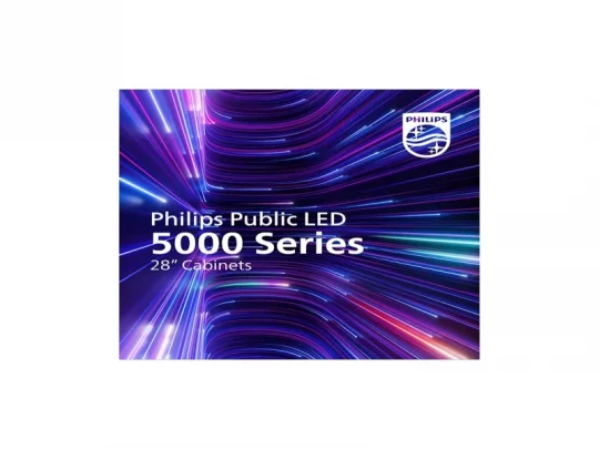 Das Produktbild zeigt das Schild der Philips Public LED 5000 Series 28-Gehäuse vor einem Hintergrund mit violetten und blauen Lichtstreifen. Oben rechts ist das Philips-Logo zu sehen.