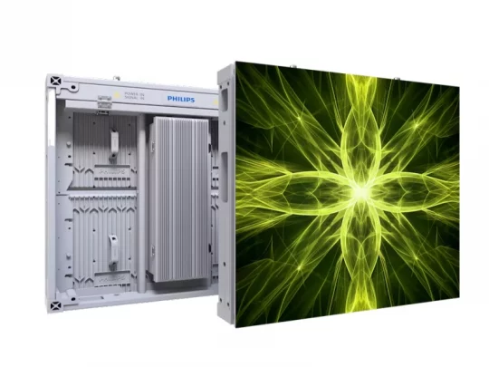 Philips LED-Display mit geöffneter Rückseite, die internen Komponenten sind sichtbar; auf dem Bildschirm ist ein leuchtendes, grünes, abstraktes Muster zu sehen, das an Lichtstrahlen erinnert.