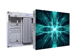 Philips LED-Display mit Vorder- und Rückansicht: Vorne leuchtendes, blaues abstraktes Muster, hinten sichtbare Elektronik und das Philips-Logo. Ideal für Präsentationen und moderne digitale Anzeigen.