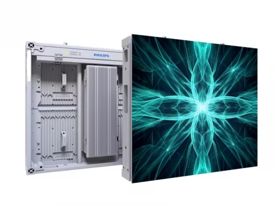Philips LED-Display mit Vorder- und Rückansicht: Vorne leuchtendes, blaues abstraktes Muster, hinten sichtbare Elektronik und das Philips-Logo. Ideal für Präsentationen und moderne digitale Anzeigen.