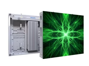 Philips LED-Displaymodul mit geöffneter Rückseite: Auf der linken Seite ist die interne Schaltung sichtbar, auf der rechten Seite zeigt das Display ein leuchtend grünes abstraktes Muster. Ideal für professionelle Digitalanzeigen und Werbebildschirme.