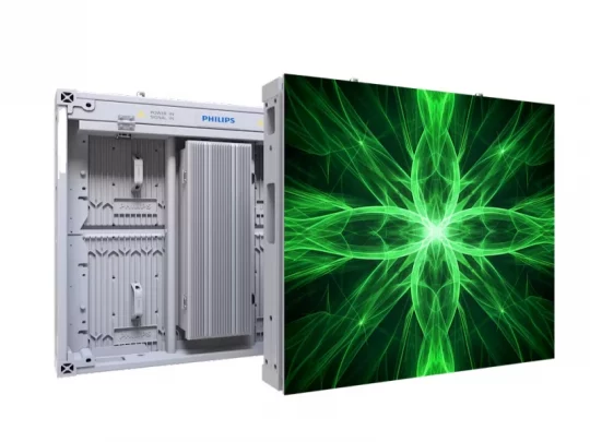 Philips LED-Displaymodul mit geöffneter Rückseite: Auf der linken Seite ist die interne Schaltung sichtbar, auf der rechten Seite zeigt das Display ein leuchtend grünes abstraktes Muster. Ideal für professionelle Digitalanzeigen und Werbebildschirme.