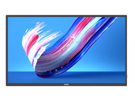 Philips-Flachbildfernseher mit schmalem schwarzem Rahmen, auf dem ein abstraktes, farbenfrohes Digitalbild mit roten, weißen, blauen und violetten Pinselstrichen auf blauem Hintergrund zu sehen ist.