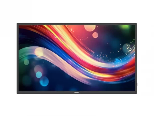 Philips-Flachbildfernseher mit farbenfrohem, abstraktem Bildschirmdesign: Leuchtende Lichtspuren in Rot, Blau, Orange und Pink vor dunklem Hintergrund mit hellen Punkten.