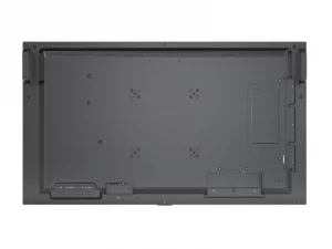 Rückseite eines Flachbildfernsehers mit Befestigungslöchern, Anschlüssen, Bedientasten und Zugangsklappen; an beiden Seiten befinden sich Griffe zum einfachen Tragen. Ideal für die Wandmontage dank integrierter Halterungen – Produkt: Flachbildfernseher.