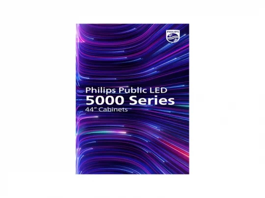 Plakat für die Philips Public LED 5000 Serie 44 mit dynamischen blauen, pinken und violetten Lichtstreifen auf dunklem Hintergrund; oben rechts ist das Philips-Logo zu sehen.