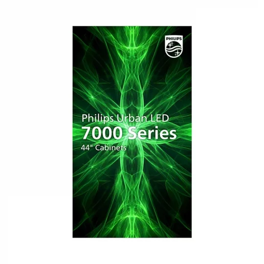 Anzeige für die Philips Urban LED 7000 Series 44-Schränke mit grünem, abstraktem Lichtmuster. Das Philips-Logo befindet sich oben rechts.