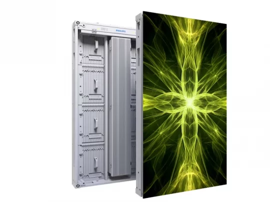 Das Produktbild zeigt das LED-Displaypanel XYZ mit einem leuchtenden, abstrakten Muster in Grün und Gelb. Die linke Seite des Panels ist geöffnet und gibt den Blick auf die internen elektronischen Bauteile frei.