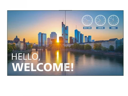 Produktbild: Motiv „City Skyline Sunrise“ – zeigt eine Stadt-Skyline bei Sonnenaufgang über einem Fluss. Oben rechts sind Uhren mit den aktuellen Uhrzeiten in New York, London und Dubai zu sehen. Der Text „HELLO, WELCOME!“ ist deutlich sichtbar. Perfekt für modernes Innendesign oder als Bürodekoration.