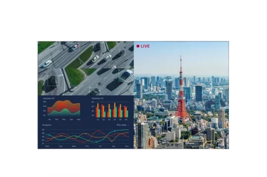 Das Produktbild von TrafficAnalyzer zeigt in einer geteilten Bildschirmansicht rechts eine Live-Stadtansicht mit einem roten Turm und links Verkehrs- sowie Fahrzeugdaten einschließlich Analysegrafiken – ideal zur Überwachung und Auswertung der urbanen Mobilität.