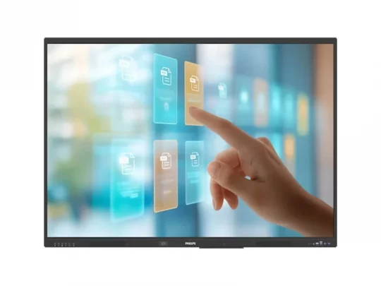 Eine Hand bedient einen großen Philips-Touchscreen-Monitor mit hochauflösendem Display, auf dem digitale Symbole und Ordner schweben.