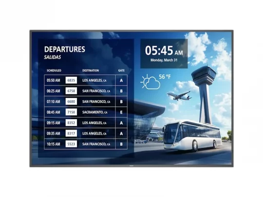 Digitale Abflugtafel am Flughafen mit Flugzeiten, Zielen, Gate-Informationen, aktueller Uhrzeit 5:45 Uhr, Datum 31. März und Wetteranzeige 56 °F; auf dem Display sind außerdem ein Terminal mit Kontrollturm, ein Flugzeug und ein Bus abgebildet.