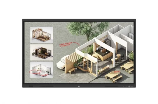 Das Produktbild zeigt das Planungsdisplay „Café Outdoor Design“: Ein digitales Display präsentiert eine 3D-Visualisierung eines Außenbereichs mit Tischen, Stühlen, einem Lieferwagen und Bäumen. Drei kleine Bildausschnitte mit roten Notizen heben Gestaltungsideen für die Innenausstattung und Beleuchtungskonzepte hervor. Ideal für die barrierefreie Planung von Außenbereichen in der Gastronomie.