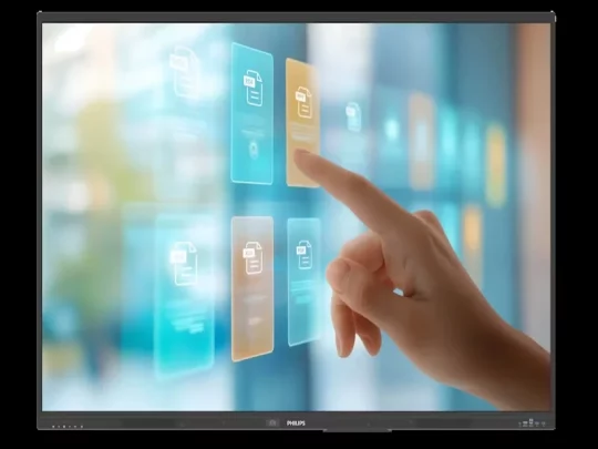 Produktbild von [Produktname]: Eine Hand bedient einen transparenten Touchscreen mit schwebenden Dokumentensymbolen in Blau und Orange. Der Hintergrund ist unscharf, wodurch der Fokus auf der modernen digitalen Benutzeroberfläche liegt. Ideal für digitale Arbeitsprozesse und innovative Büroanwendungen.