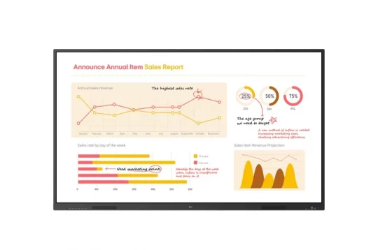 Das Produktbild zeigt den Bildschirm des Analyse-Tools „SalesReport Pro“ mit farbigen Diagrammen, Balken- und Kreisdiagrammen sowie Text, der einen jährlichen Verkaufsbericht veranschaulicht. Zu sehen sind Prozentangaben, Datenvisualisierungen und hervorgehobene Hinweise zu Verkaufstrends und Prognosen.