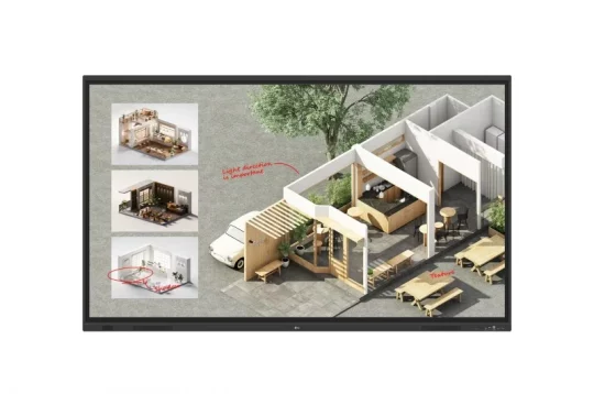 Das Produktbild zeigt das „3D-Outdoor-Café-Konzept“ auf einem digitalen Bildschirm: Zu sehen sind Holzbänke, ein Foodtruck, Pergolen, die Schatten spenden, und Bäume. Am linken Rand befinden sich drei kleinere Vorschaubilder von Innenraumgestaltungen.