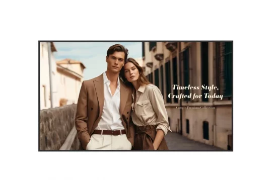 Zwei Personen präsentieren auf einer sonnigen Straße Mode aus der Capsule Premium Collection: Der Mann trägt ein beiges Sakko, die Frau eine helle Bluse. Auf dem Bild ist der Slogan „Timeless Style, Crafted for Today“ zu sehen.