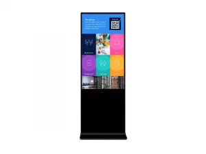Digitales Infoterminal mit großem, schwarzem Sockel; auf dem Bildschirm werden bunte Symbole und ein QR-Code für Besprechungsräume, Snackangebote und Informationen zu Arbeitsplätzen angezeigt. Ideal für die Besucherorientierung in modernen Gebäuden.