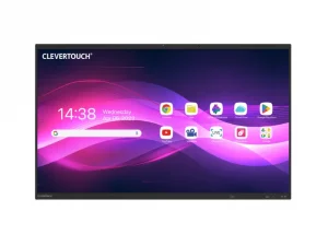 Clevertouch-Touchscreen mit violettem Hintergrund, mehreren App-Symbolen, einer digitalen Uhr (14:38) und dem Datum (Mittwoch, 5. April 2023) auf dem Display. Ideal für die barrierefreie Nutzung moderner Konferenz- und Unterrichtsräume.