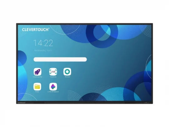 Interaktives CleverTouch-Touchdisplay mit blauem Hintergrund, Uhrzeit 14:22 Uhr, Datum Mittwoch, 16.01., sowie App-Symbolen für Cleverstore, Live, Browser, Finder, Clever Note und LYNX Whiteboard – ideal für barrierefreies Arbeiten und Präsentationen.