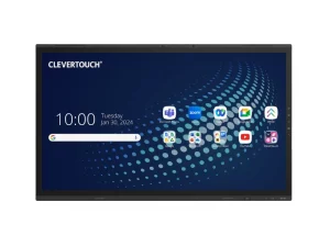 Das Produktbild zeigt ein Clevertouch-Display mit interaktivem Touchscreen. Auf dem Startbildschirm sind App-Symbole wie Microsoft Teams, Zoom und YouTube zu sehen, dazu das Datum 30. Januar 2024. Der Hintergrund ist blau und mit einem Punktmuster versehen.