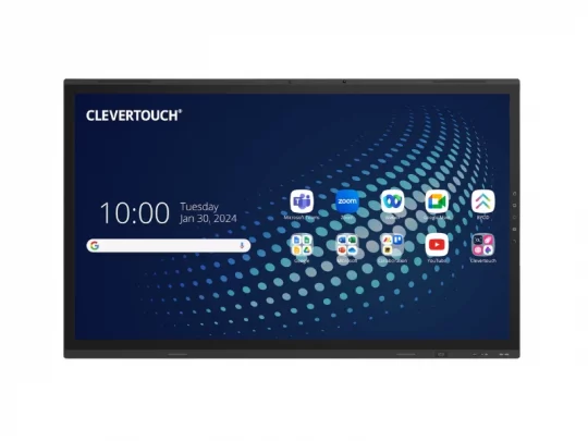 Das Produktbild zeigt ein Clevertouch-Display mit interaktivem Touchscreen. Auf dem Startbildschirm sind App-Symbole wie Microsoft Teams, Zoom und YouTube zu sehen, dazu das Datum 30. Januar 2024. Der Hintergrund ist blau und mit einem Punktmuster versehen.