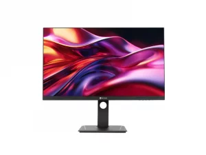 Flachbildschirm-Monitor, zeigt ein buntes, abstraktes Wirbelmuster auf weißem Hintergrund – ideal für das Büro oder das Homeoffice.