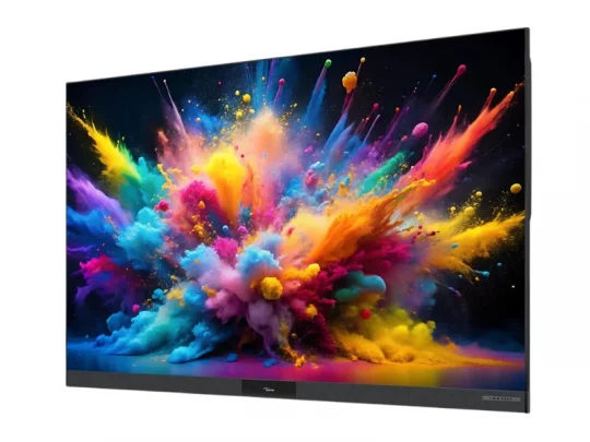 Der Samsung-Flachbildfernseher zeigt auf dem Bildschirm eine lebhafte Explosion aus farbigem Puder in Blau, Rosa, Gelb und Orange vor einem dunklen Hintergrund. Ideal zur Darstellung brillanter Bildqualität und kräftiger Farben.