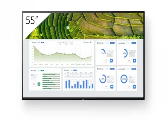 55-Zoll-Breitbildmonitor mit Geschäftsanalysen, Diagrammen und grünen Terrassenfeldern; ideal für Büroanwendungen.